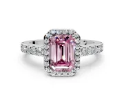 Halo Engagement Ring Setting for Fancy Pink Emerald Cut Center with Full Pave Band and Prong Head in Platinum