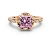 Floral Engagement Ring Setting for Fancy Pink Princess Cut Center with Four Accent Clusters and Prong Head in Rose Gold