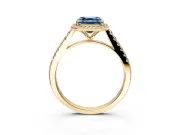 Halo Engagement Ring Setting for Fancy Blue Asscher Cut Center with Narrowing Pave Band and Prong Head in Yellow Gold