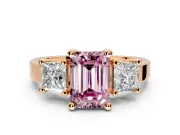 3 Stone Engagement Ring Setting for Fancy Pink Emerald Cut Center with Matching Side Accents and Prong Head in Rose Gold