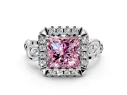 Halo Engagement Ring Setting for Fancy Pink Princess Cut Center with Open Scroll Shoulders and Prong Head in Platinum