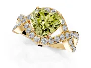 Halo Engagement Ring Setting for Fancy Yellow Heart-Shaped Center with Pave Infinity Twist Band and Prong Head in Yellow Gold