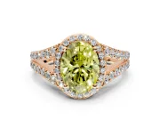 Halo Engagement Ring Setting for Fancy Yellow Oval Center with Narrow Pave Split Shank and Prong Head in Rose Gold