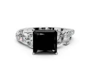 Leaf Motif Engagement Ring Setting for Fancy Black Princess Cut Center with Pave Band and Prong Head in Sterling Silver