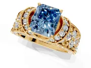 Pave Engagement Ring Setting for Fancy Blue Radiant Cut Center with Curved Accent Rows, Openwork and Prong Head in Yellow Gold