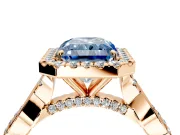 Halo Engagement Ring Setting for Fancy Blue Radiant Cut Center with Twist Band and Prong Head in Rose Gold