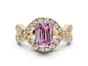 Halo Engagement Ring Setting for Fancy Pink Emerald Cut Center with Pave Infinity Twist Band and Prong Head in Yellow Gold