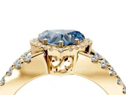 Halo Engagement Ring Setting for Fancy Blue Heart-Shaped Center with Wide-Open Pave Split Shank and Prong Head in Yellow Gold