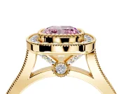 Halo Engagement Ring Setting for Fancy Pink Cushion Cut Center with Milgrain Frame, Pave Band and Prong Head in Yellow Gold