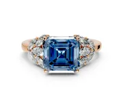Leaf Cluster Engagement Ring Setting for Fancy Blue Asscher Cut Center with Marquise Accents and Prong Head in Rose Gold