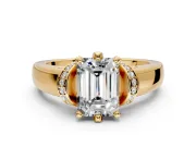 Solitaire Engagement Ring Setting for Emerald Cut Center with Wide Band, Pave Collar and Prong Head in Yellow Gold