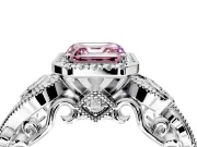 Milgrain Halo Engagement Ring Setting for Fancy Pink Asscher Cut Center with Shoulder Bezels and Prong Head in Platinum