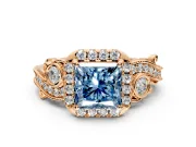 Milgrain Halo Engagement Ring Setting for Fancy Blue Princess Cut Center with Shoulder Bezels and Prong Head in Rose Gold