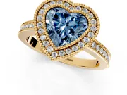 Halo Engagement Ring Setting for Fancy Blue Heart-Shaped Center with Milgrain Halo, Pave Band and Prong Head in Yellow Gold