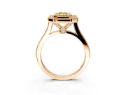 Halo Engagement Ring Setting for Fancy Yellow Emerald Cut Center with Milgrain Frame, Pave Band and Prong Head in Rose Gold