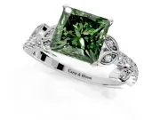 Leaf Motif Engagement Ring Setting for Fancy Green Princess Cut Center with Pave Band and Prong Head in Platinum