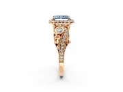 Milgrain Halo Engagement Ring Setting for Fancy Blue Radiant Cut Center with Shoulder Bezels and Prong Head in Rose Gold
