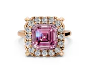 Single Halo Engagement Ring Setting for Fancy Pink Asscher Cut Center with Corner Claws, Plain Band and Prong Head in Rose Gold