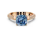 Solitaire Engagement Ring Setting for Fancy Blue Cushion Cut Center with Multi-Row Accents and Prong Head in Rose Gold