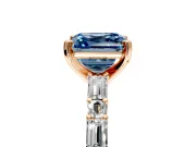 Baguette Engagement Ring Setting for Fancy Blue Asscher Cut Center with Alternating Bar-Set Band and Prong Head in Rose Gold