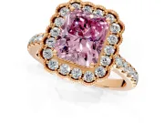 Milgrain Floral Halo Engagement Ring Setting for Fancy Pink Radiant Cut Center with Pave Band and Prong Head in Rose Gold
