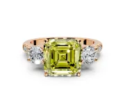 3 Stone Engagement Ring Setting for Fancy Yellow Asscher Cut Center with Crossover Basket, Pave Band and Prong Head in Rose Gold
