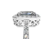 Halo Engagement Ring Setting for Emerald Cut Center with Heart-Shaped Openwork, Pave Band and Prong Head in White Gold