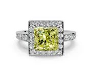 Bezel-Framed Halo Engagement Ring Setting for Fancy Yellow Princess Cut Center with Pave Band and Prong Head in Platinum