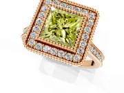 Halo Engagement Ring Setting for Fancy Yellow Princess Cut Center with Milgrain Frame, Pave Band and Prong Head in Rose Gold