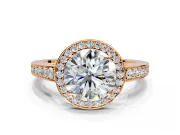 Bezel-Framed Halo Engagement Ring Setting for Round Cut Center with Pave Band and Prong Head in Rose Gold