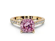 Solitaire Engagement Ring Setting for Fancy Pink Cushion Cut Center with Widening Pave Band and Claw Prong Head in Yellow Gold