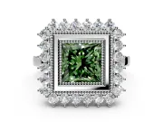Halo Engagement Ring Setting for Fancy Green Princess Cut Center with Milgrain Bezel Rim, Plain Band and Prong Head in White Gold