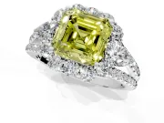 Halo Engagement Ring Setting for Fancy Yellow Asscher Cut Center with Two-Strand Split Shank and Prong Head in Platinum