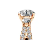 3 Stone Engagement Ring Setting for Round Cut Center with Pave Split Shank and Prong Head in Rose Gold