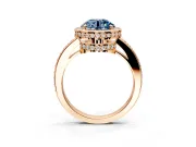 Halo Engagement Ring Setting for Fancy Blue Round Cut Center with Metal-Rimmed Halo, Pave Band and Prong Head in Rose Gold