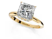Hidden Halo Engagement Ring Setting for Princess Cut Center with Plain Rounded Band and Prong Head in Yellow Gold