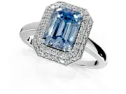 Halo Engagement Ring Setting for Fancy Blue Emerald Cut Center with Plain Tapered Band and Prong Head in Sterling Silver
