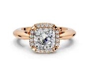 Halo Engagement Ring Setting for Cushion Cut Center with Tapered Plain Band and Prong Head in Rose Gold