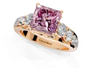 Solitaire Engagement Ring Setting for Fancy Pink Princess Cut Center with Graduated Shared Prongs and Prong Head in Rose Gold