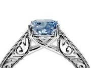 Solitaire Engagement Ring Setting for Fancy Blue Cushion Cut Center with Engraved Pave Band and Prong Head in Platinum