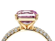 Solitaire Engagement Ring Setting for Fancy Pink Asscher Cut Center with Domed Multi-Row Pave Band and Prong Head in Yellow Gold