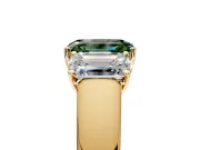 3 Stone Engagement Ring Setting for Fancy Green Emerald Cut Center with Raised Basket Heads and Prong Head in Yellow Gold