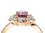 Floral Halo Engagement Ring Setting for Fancy Pink Emerald Cut Center with Pave Accents and Prong Head in Rose Gold