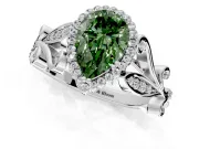 Halo Engagement Ring Setting for Fancy Green Pear-Shaped Center with Leaf Motif Split Shank and Prong Head in Platinum