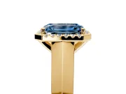 Halo Engagement Ring Setting for Fancy Blue Emerald Cut Center with Knife Ridge Cathedral Band and Prong Head in Yellow Gold