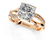Solitaire Engagement Ring Setting for Cushion Cut Center with Pave and Plain Crossover Band and Prong Head in Rose Gold