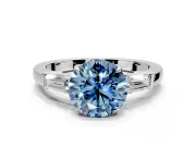 3 Stone Engagement Ring Setting for Fancy Blue Round Cut Center with Baguette Accents and Prong Head in Platinum