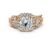 Milgrain Halo Engagement Ring Setting for Cushion Cut Center with Shoulder Bezels and Prong Head in Rose Gold