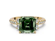 Paired Accent Engagement Ring Setting for Fancy Green Asscher Cut Center with Pave Band and Prong Head in Yellow Gold
