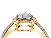 Milgrain Halo Engagement Ring Setting for Pear-Shaped Center with Three-Sided Pave Band and Prong Head in Yellow Gold